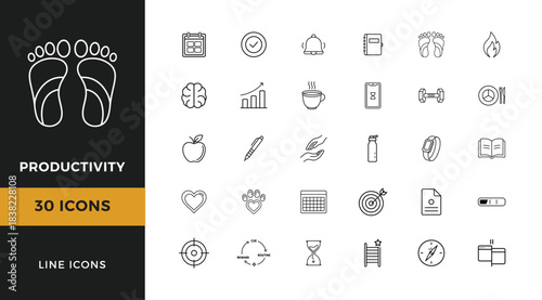 Productivity thin-line icons of habits, routines, wellness symbols, tracking tools, focus elements and lifestyle improvements