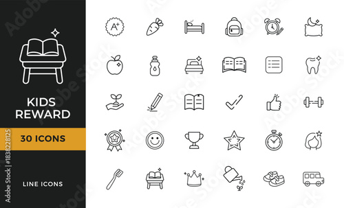 Thin-line kids reward icons set of good habits, learning achievements, daily tasks, positive behavior, school activities, stars, badges, trophies, smiley faces
