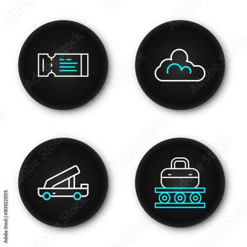 Set line Conveyor belt with suitcase, Passenger ladder, Cloud weather and Airline ticket icon. Vector