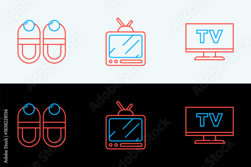 Set line Smart Tv, Slippers and Retro tv icon. Vector