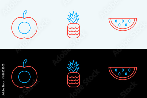 Set line Watermelon, Peach fruit and Pineapple icon. Vector