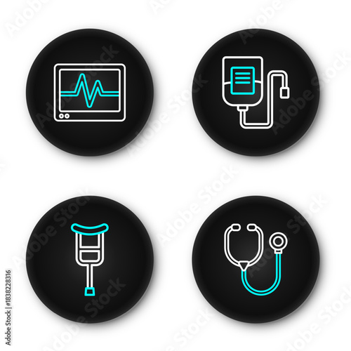 Set line Stethoscope, Crutch or crutches, IV bag and Monitor with cardiogram icon. Vector