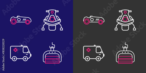 Set line Ski lift, Ambulance and emergency car, Snowmobile and Vintage sport racing icon. Vector