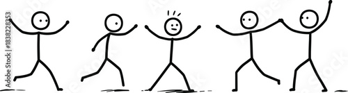 Stick figure reunion celebration, joyful character gestures with raised arms, group support pose, cad drawing flat vector illustration, blackwhite icon