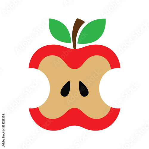 Bitten Apple Core Vector – Red Apple Slice with Seeds Flat Illustration. Eaten Apple Core Vector Illustration.