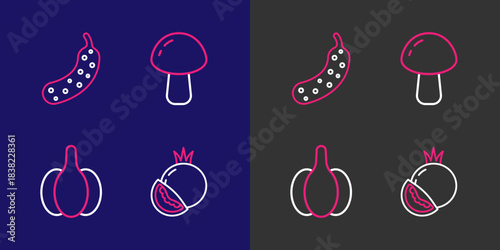 Set line Tomato, Garlic, Mushroom and Fresh cucumber icon. Vector