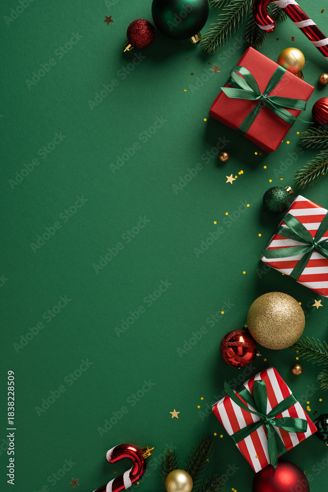Obraz premium Festive vertical scene with wrapped gifts, candy canes, ornaments, and pine accents on a green backdrop, perfect for Christmas and New Year greetings and seasonal promotions