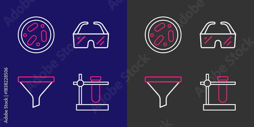 Set line Test tube flask on stand, Funnel or filter, Safety goggle glasses and Petri dish with bacteria icon. Vector
