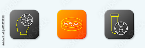 Set line Head and radiation symbol, Petri dish with bacteria and Test tube icon. Vector
