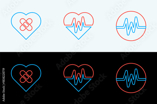 Set line Heart rate, Healed broken heart and icon. Vector