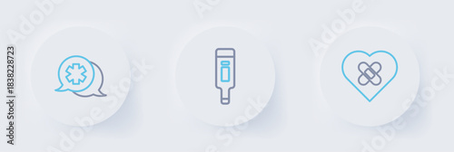 Set line Healed broken heart, Digital thermometer and Dialogue with doctor icon. Vector