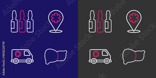 Set line Human organ liver, Emergency car, Location with cross hospital and Medical vial, ampoule icon. Vector