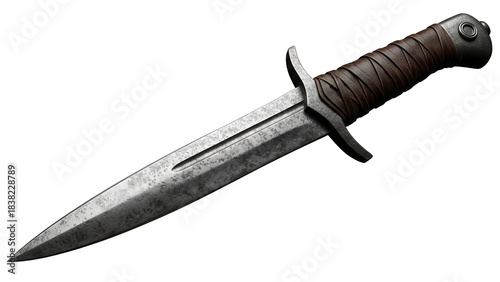 Medieval dagger PNG isolated on transparent background, antique short sword with leather grip and steel blade for historical reenactment