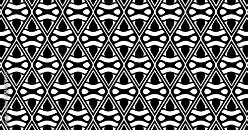 Monochrome geometric pattern with interconnected oval and diamond shapes, creating a bold symmetrical repeating background.