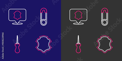 Set line Leather, Awl tool, Safety pin and icon. Vector