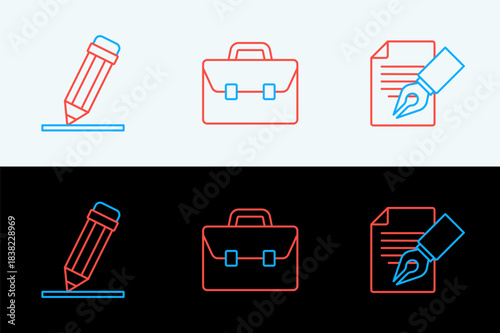 Set line Exam sheet and pencil, Pencil with eraser and Briefcase icon. Vector