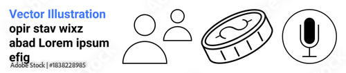 Business communication, podcasting, currency exchange, teamwork, freelancing, financial transactions. Outlined icons of people, a coin and a microphone. Business communication and podcasting concept