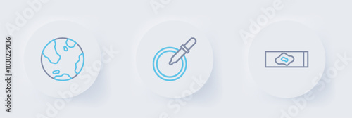 Set line Blood test and virus, Petri dish with pipette and Earth globe icon. Vector