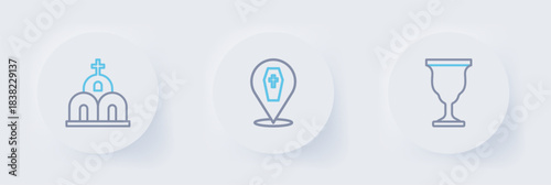 Set line Christian chalice, Coffin with cross and Church building icon. Vector