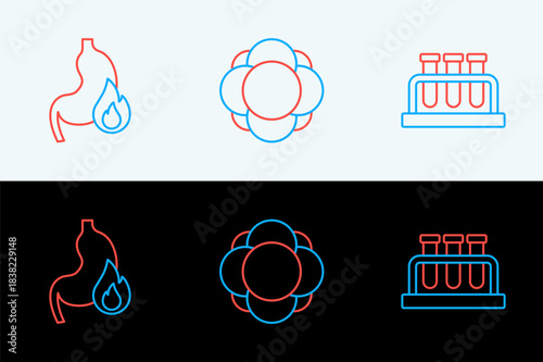 Set line Test tube and flask, Stomach heartburn and Molecule icon. Vector