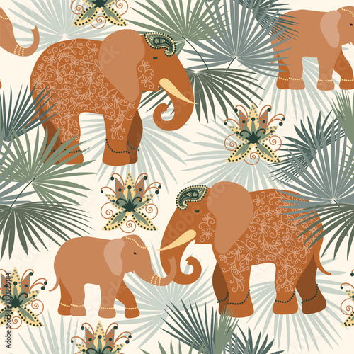 Traditional seamless Paisley pattern. Indian, ornament. Elephant, palm tree, Abstract flowers. Vector