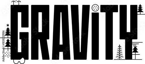 Black gravity word with abstract nature elements and circle pattern text typography