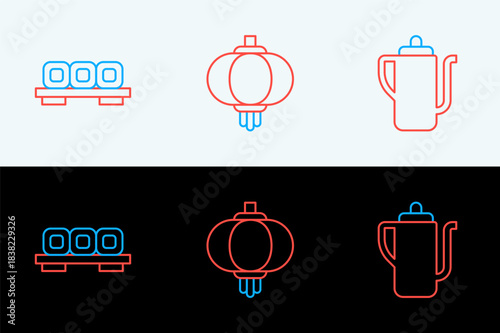 Set line Chinese tea ceremony, Sushi cutting board and paper lantern icon. Vector