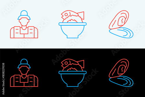 Set line Mussel, Fisherman and Served fish on bowl icon. Vector