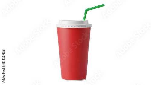 фотографія Red paper cup with green straw isolated PNG, disposable drink container on trans