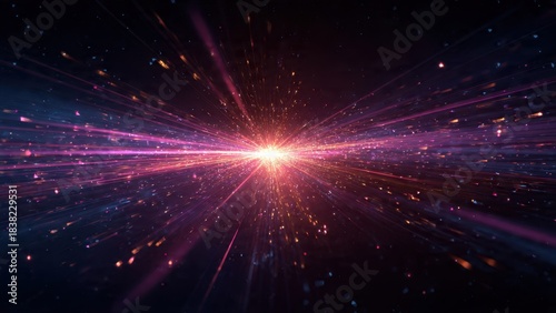 Intense light explosion and dynamic warp speed effect background. Abstract futuristic starburst with magenta and gold streaming particles traveling through a deep black space.