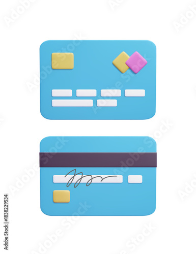 Blue bank credit card design 3D style vector render illustration. Safe and fast online shopping, secure transaction, contactless payment technology. Plastic bank debit or credit card design 3D vector.
