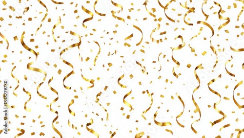 Golden Confetti and Shiny Streamers Falling on White Background. Festive luxury backdrop for New Year's Eve, birthday parties, grand openings, and celebration themes.