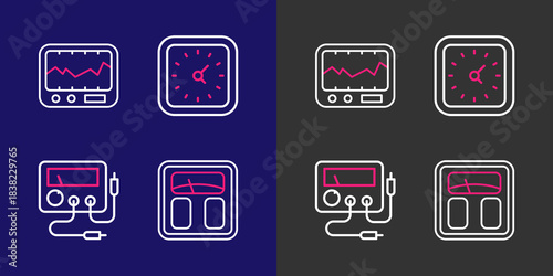 Set line Bathroom scales, Multimeter, voltmeter, Clock and Measuring instrument icon. Vector