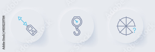 Set line Circle of pieces, Hand scale spring mechanical and Laser distance measurer icon. Vector