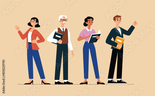 Diverse group of four educators holding books, standing and posing for a professional portrait illustration