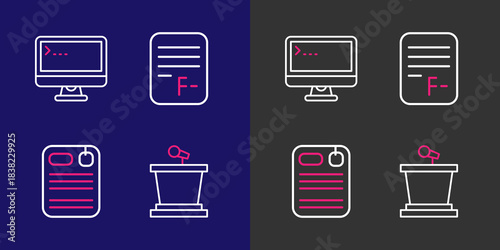 Set line Stage stand, Dossier folder, Exam paper with incorrect answers and Computer monitor icon. Vector