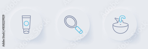 Set line Washbasin, Hand mirror and Cream cosmetic tube icon. Vector