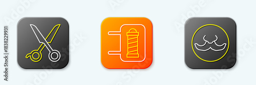 Set line Scissors hairdresser, Barber shop pole and Mustache icon. Vector