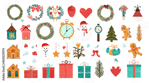 Charming Hand-Drawn Christmas and Winter Holiday Decorative Elements Collection. Festive Icons, Wreaths, Gifts, Snowmen, and Trees.