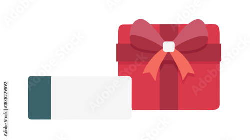 Elegante weinrote Geschenkbox mit Schleife neben leerer weißer Karte .vector icon