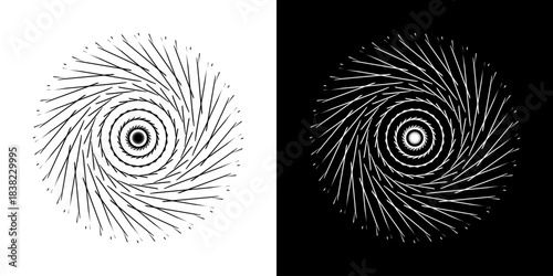 Dynamic abstract spiral sound wave rhythm lines. Circular spiral sound wave rhythm of lines. Circular futuristic abstract lines, black and white background.	