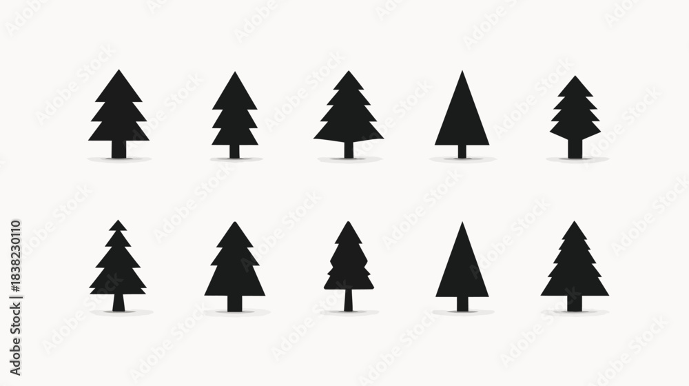 Obraz premium Collection of minimalist black evergreen tree silhouettes. Simple graphic design elements for Christmas, winter, or nature concepts.