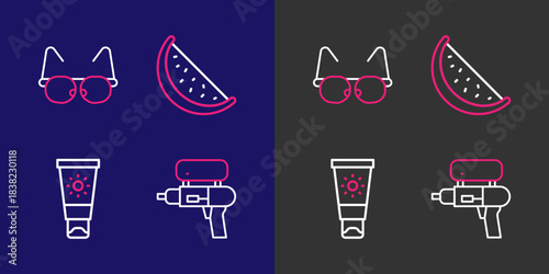 Set line Water gun, Sunscreen cream in tube, Watermelon and Glasses icon. Vector