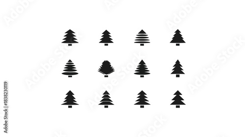 Minimalist black evergreen tree silhouette icon set, graphic elements for winter, holiday, and nature design projects on white background.