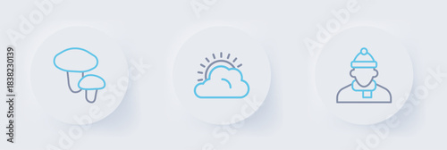 Set line Autumn clothes, Sun and cloud weather and Mushroom icon. Vector