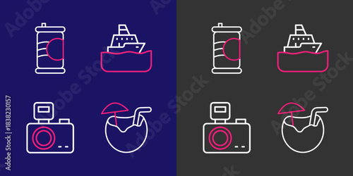 Set line Coconut cocktail, Photo camera with flash, Cruise ship and Soda can icon. Vector
