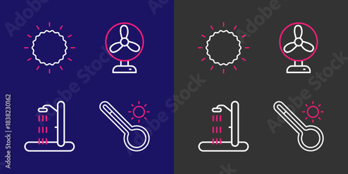 Set line Meteorology thermometer, Beach shower, Electric fan and Sun icon. Vector