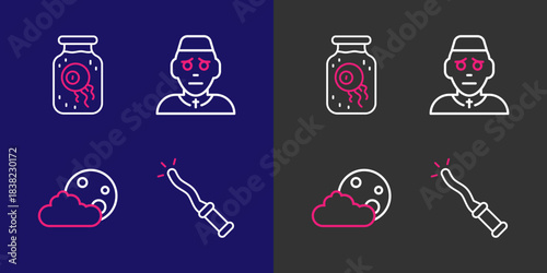 Set line Magic wand, Moon stars, Priest and Eye in jar icon. Vector