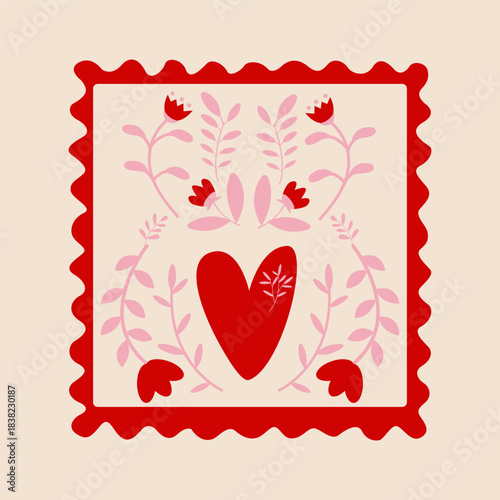 Folk-style postage stamp Heart surrounded by flowers Vector illustration folk art Valentine's poster	
