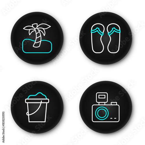 Set line Photo camera with flash, Sand in bucket, Flip flops and Tropical palm tree icon. Vector